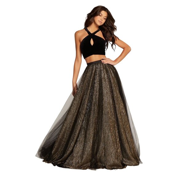 AP-KP103. Alyce Paris 2 Piece Crop Top Mesh Metallic Maxi Skirt Black Gold - Picture 1 of 1
